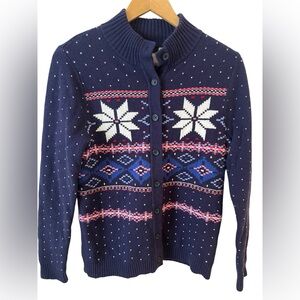 Lands' End Ski Nordic Sweater Wool Blend Fair Isle Navy Cabin Core Sz S